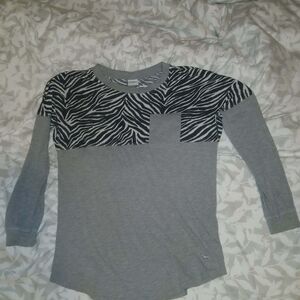 Victoria's Secret Grey Long-Sleeve Tee with Black-and-White Zebra Yoke